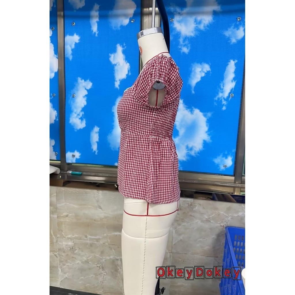 OKDK-Nữ 1 / 4 Áo Sơ Mi Tay Kẻ Sọc Nút Người Yêu Đường Cổ Áo Sơ Mi Thường Ngày Thời Trang Mùa Hè Slim Fit Áo Dạo Phố