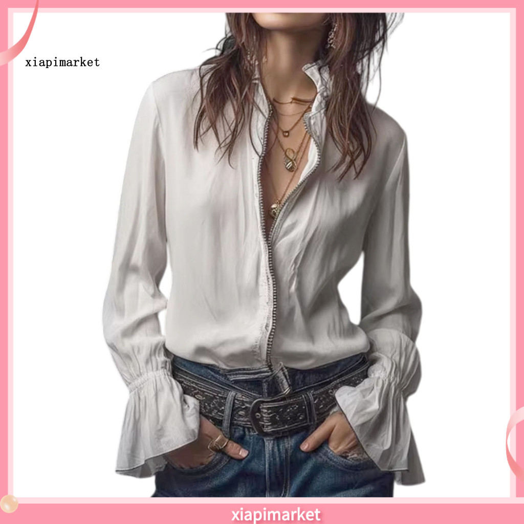 Áo sơ mi nữ thân thiện với da, cổ đứng dài tay - Style retro phù hợp đi đông nam