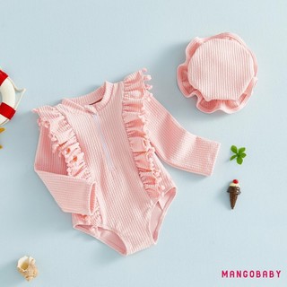 MG-Toddler Bé Gái Rash Guard Đồ Bơi Dễ Thương Màu Trơn Dài Tay Ruffle Áo liền quần Có Mũ 2 Chiếc Đồ Bơi