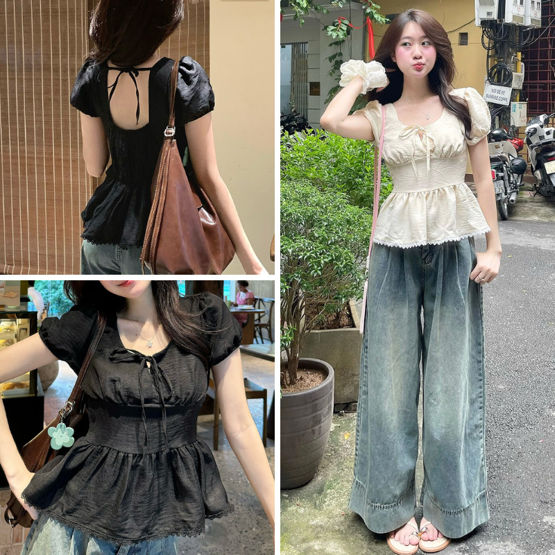 [TOP🔥] Áo Baby Doll Kiểu A366117 Bo Eo Tay Bồng Pha Ren Xinh Xắn MoLie Fashion