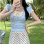 Áo thun nữ cổ vuông phối bèo thắt nơ tay ngắn cá tính H890