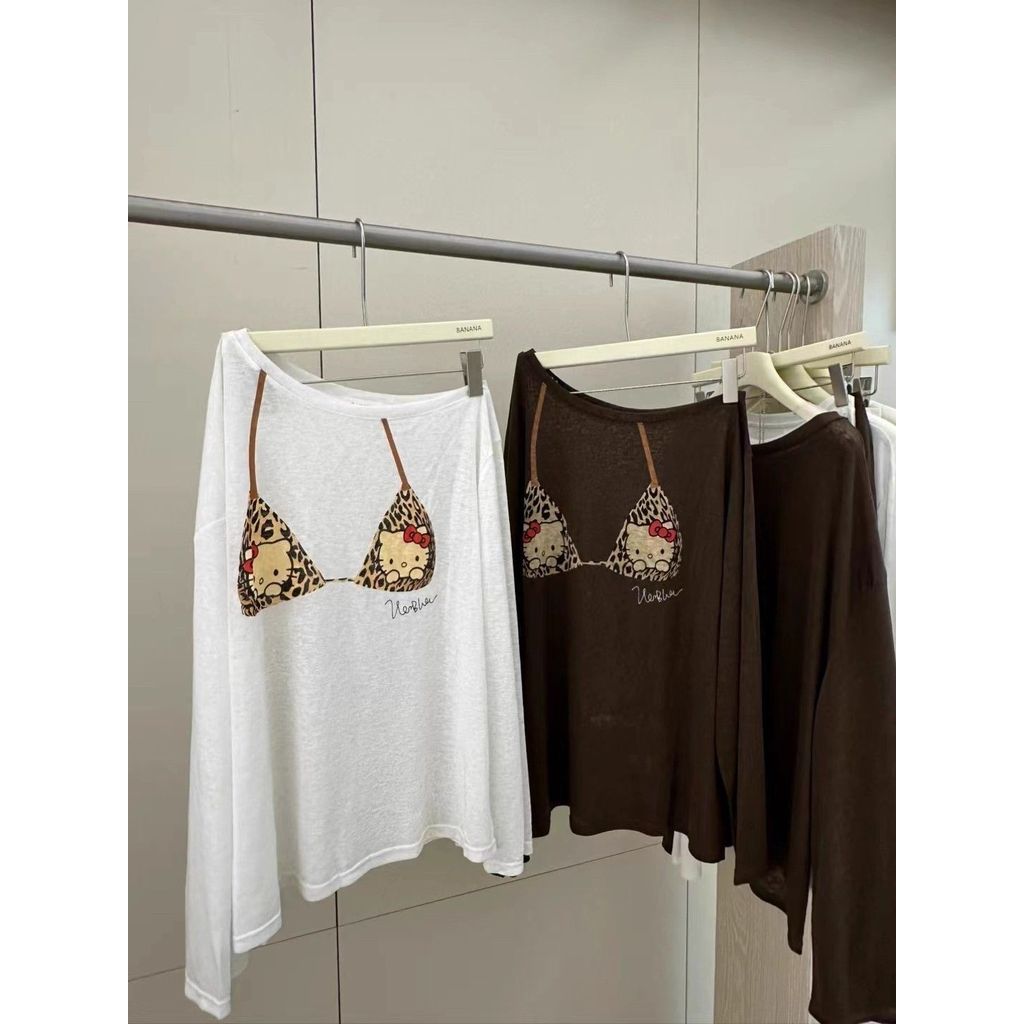 Milyfashion Loose Size Lớn In Hình Mèo Chống Nắng Đeo Vai Dài Tay T Quần Áo Nữ