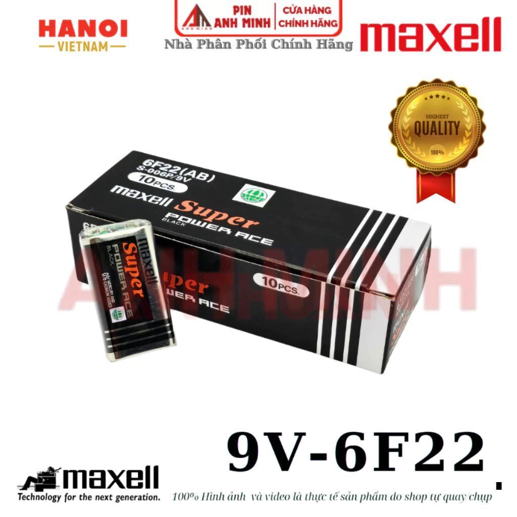 Pin vuông 9V Carbon Panasonic Maxell GP - Hộp 10 viên 6F22 cho báo cháy, gi-ta, đồng hồ vạn năng