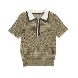 Áo len ngắn tay thời trang với ve áo và màu sắc đối lập, thiết kế độc đáo cho mùa hè