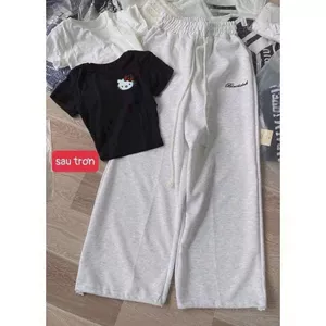Sét bộ quần da cá chữ kí xám tiêu dài + CROPTOP -In hình mèo kity ở nguuc