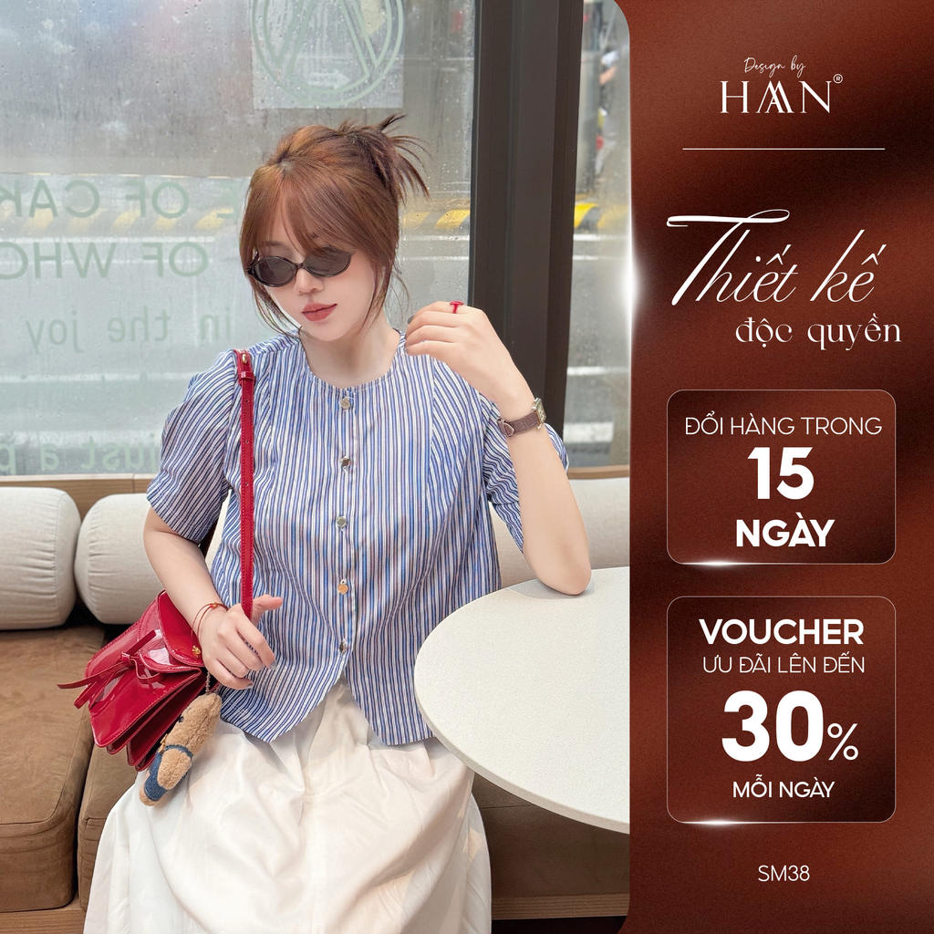 Áo Sơ Mi Kẻ Ngắn Tay Nữ Dáng Lửng Cổ Tròn Chất Thô Mềm Trẻ Trung Nữ Tính - Sơ Mi Công Sở Nữ SM38, Kẻ Xanh Đậm