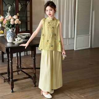 Bộ đồ cho bé gái dáng rộng thanh lịch - áo sát nách thêu hoa quần ống rộng mềm nhẹ phong cách cổ điển