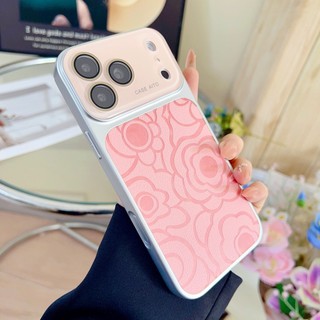 Phim bảo vệ ống kính Vỏ điện thoại mạ điện bằng da hoa Camellia cho iPhone 17Promax 17Pro Air 14 15 16 Pro Max Vỏ điện thoại di động nữ chống sốc