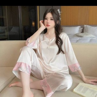 Bộ đồ ngủ nữ kiểu Trung Quốc mới, làm từ lụa băng, tay ngắn, in họa tiết, cao cấp, có thể mặc ra ngoài