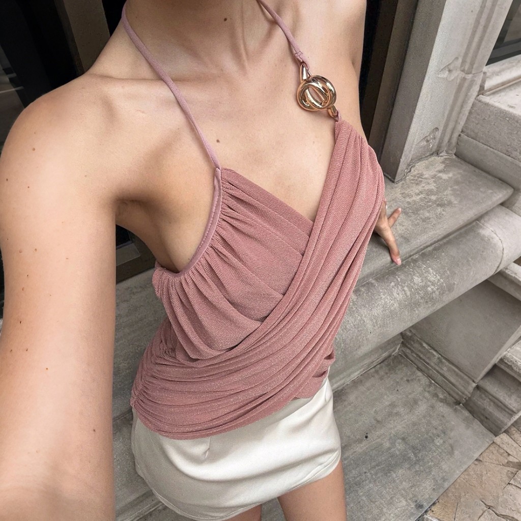 Camisole nữ cổ chữ V quấn ngực khóa kim loại, thiết kế chắp vá lưng, phù hợp đi biển và clubwear