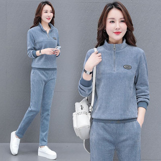 Bộ đồ thể thao bằng vải nhung tăm có cổ đứng, thiết kế đơn giản, phong cách mới mùa thu đông, dáng rộng, cỡ lớn
