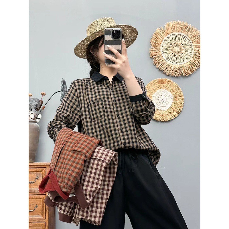 Áo sơ mi nữ mỏng kẻ sọc phong cách retro văn học, cotton, thích hợp mùa thu
