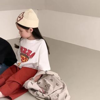Áo thun cotton cho bé trai bé gái in chữ Pizza - áo tay ngắn form rộng phong cách Hàn Quốc mùa hè
