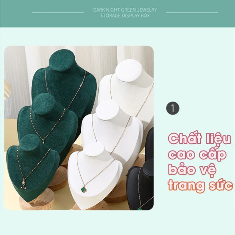 Giá trưng bày dây chuyền trên ma-nơ-canh, chất liệu nhung cao cấp, tượng bán thân, hộp trưng bày dây chuyền và bông tai.