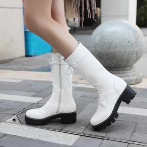 VNMZGG34-39 Giày bốt giữa ống cỡ lớn Giày bốt La Mã phù hợp thông thường Giày bốt COS Đạo cụ Giày nhưng đầu gối có ren bên dây kéo đế