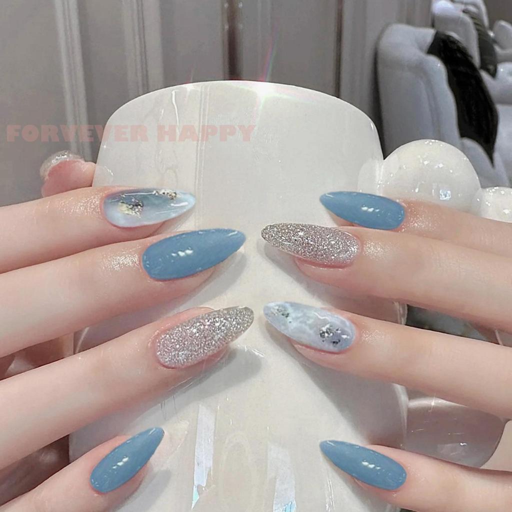 Hạnh Nhân Xanh Dính Trên Móng Tay Với Bạc Lấp Lánh Không Áp Lực Trên Giường Móng Tay Thiết Kế Cho Bạn Gái Vợ Nữ Và Bé Gái