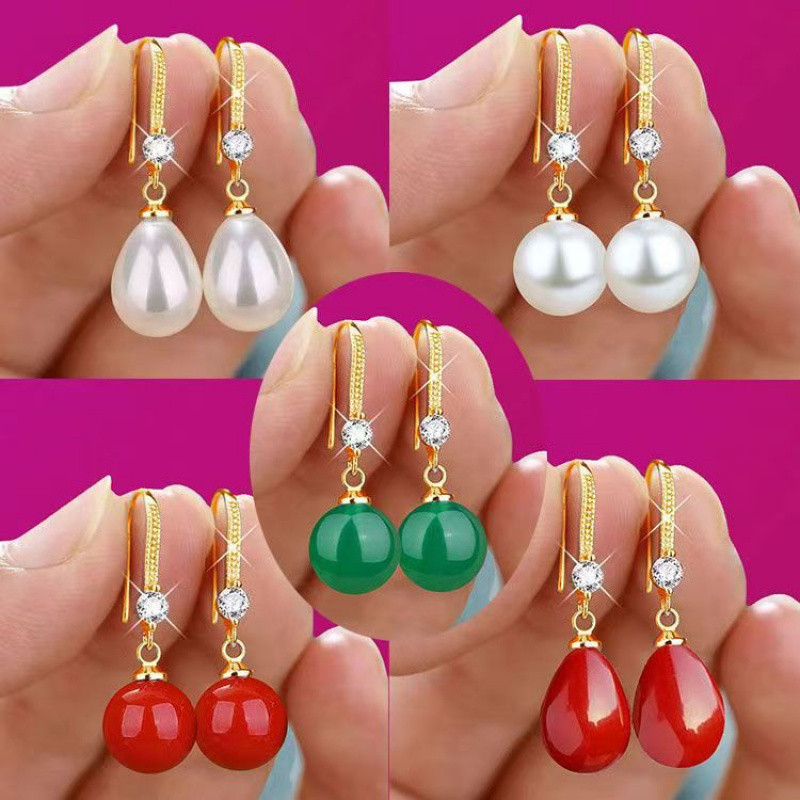 Mặt dây chuyền và bông tai ngọc trai hình bầu dục, thiết kế thời trang dành cho nữ