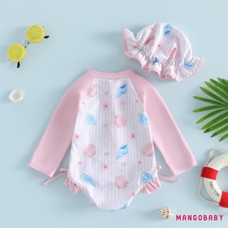 MG-Toddler Bộ Đồ Bơi Bé Gái Vỏ Biển Hoa Tay Dài Rash Guard Bộ Đồ Tắm Có Mũ Chống Nắng 2 Mảnh Trang Phục