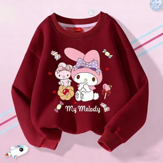 Áo nỉ cổ tròn mỏng, thoải mái, in hình hoạt hình gia đình Sanrio dành cho bé gái, thích hợp mặc ngoài trời.