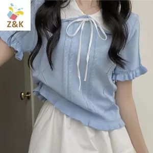 ZK Áo Thun Nữ Phong Cách Hàn Quốc Mùa Hè, Cổ Búp Bê Ngọt Ngào Với Nơ
