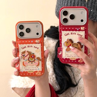 Làm Giàu Hạnh Phúc Thêu Ngựa Đỏ Cam Chấm Bi Điểm Da PU Ốp Lưng Điện Thoại iPhone 17Promax 17Pro 14 15 16 Pro Max 13 Vỏ Di Động Nữ Chống Sốc