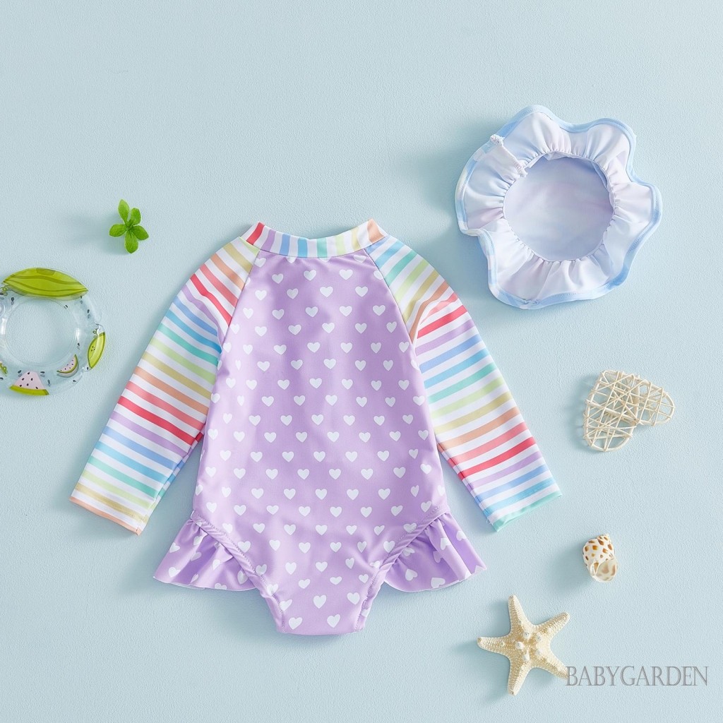 Bộ đồ bơi hai mảnh cho bé gái 6M-4Y Bộ đồ bơi hai mảnh in hình trái tim đáng yêu Cổ tròn Bảo vệ phát ban Bộ đồ tắm có mũ cho bãi biển bể bơi