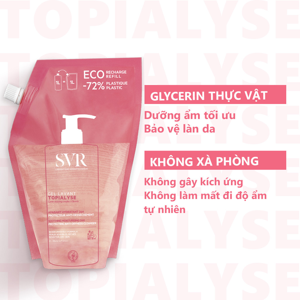 Gel làm sạch cho da nhạy cảm, da khô và viêm da cơ địa SVR TOPIALYSE Gel Lavant 1L Refill