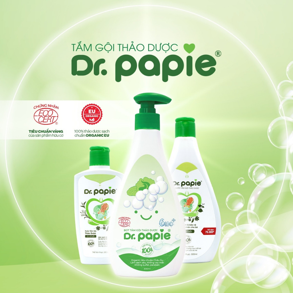 Gel Tắm Gội Thảo Dược Giảm Mẩn Ngứa Rôm Sảy Tạo Bọt Sinh Học Thiên Nhiên Dr.Papie Dành Cho Bé Trên 6 Tháng
