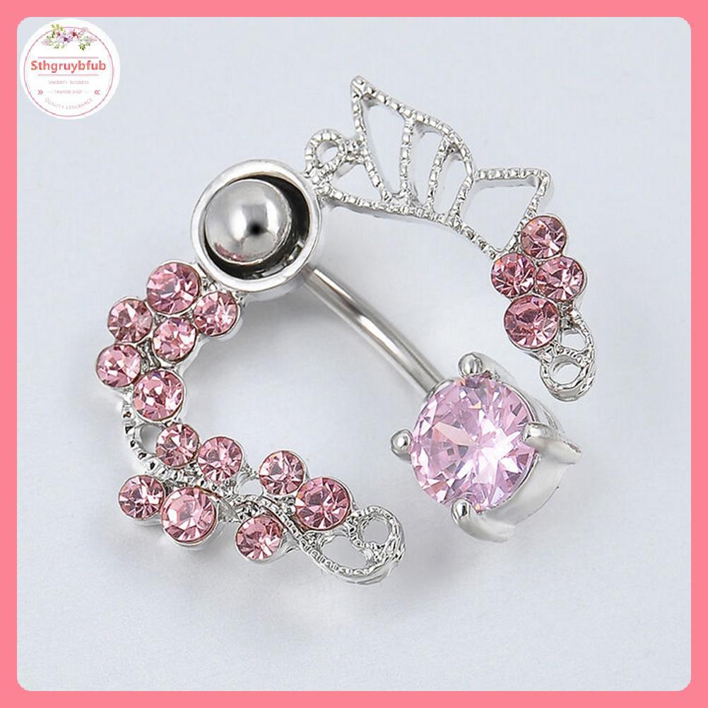 STHB Vòng bụng bướm hồng trên xuống rốn xỏ ngược 14G hoa VN