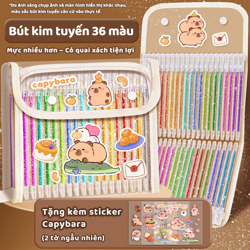 Bút highlight nhiều màu kim tuyến – Thiết kế dễ thương tem Capybara, bộ 12/24/36 cây cho học sinh