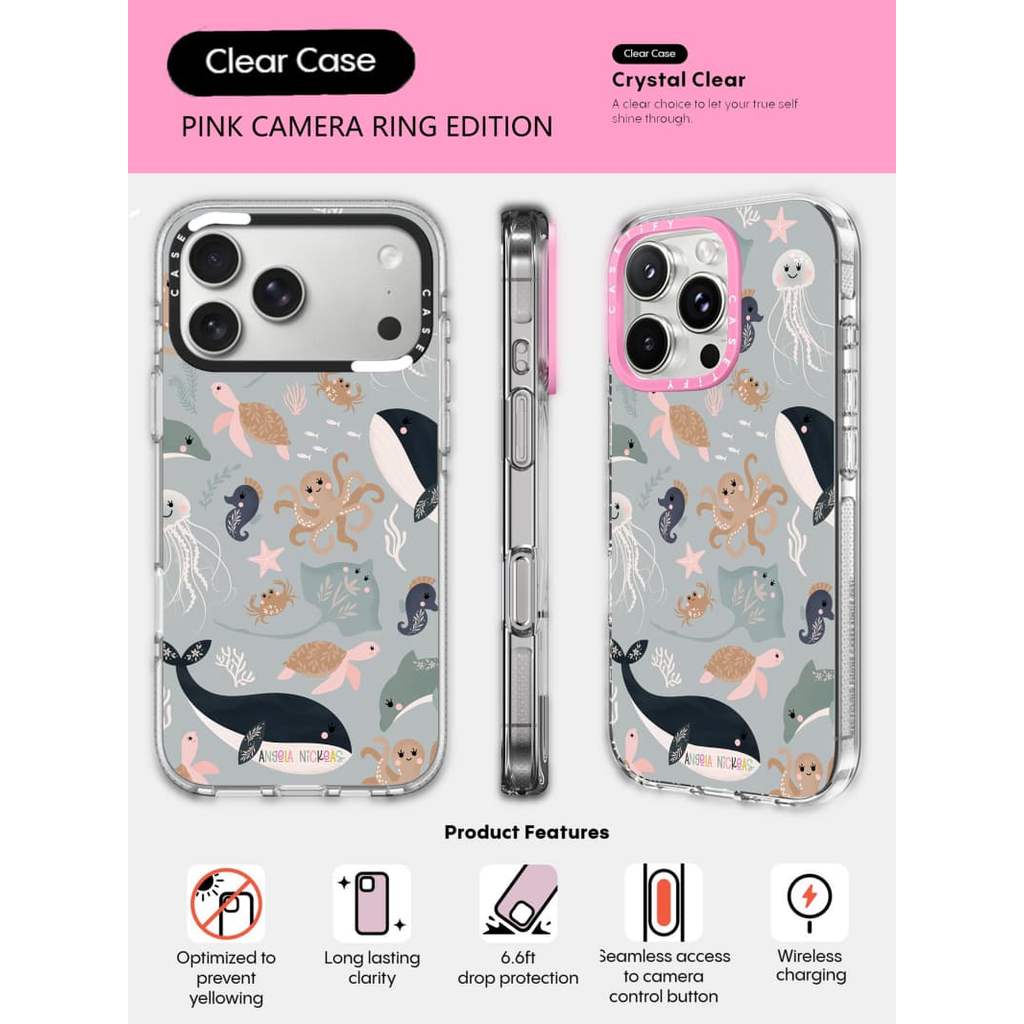 CASECASE X The World is Your Oyster Phone Case HỒNG CAMERA RING EDITION Tác động Vỏ hút từ tính trong suốt cho iPhone 17 / 16 / 15 / 14 / 13 Pro Max Air với bao bì cao cấp