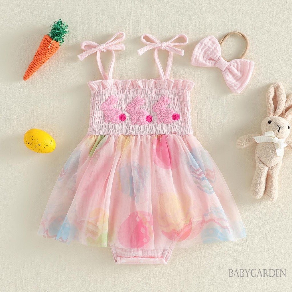 Bộ áo liền quần vải tuyn màu hồng cho bé gái Easter Bunny có băng đô nơ | Trang phục chụp ảnh