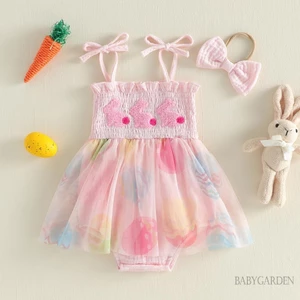 Bộ áo liền quần vải tuyn màu hồng cho bé gái Easter Bunny có băng đô nơ | Trang phục chụp ảnh