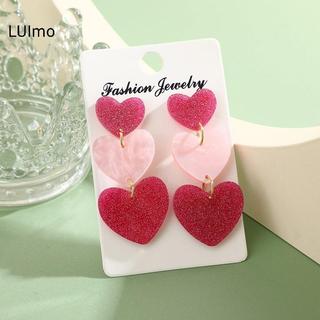 Mặt dây chuyền thả tòn ten và bông tai dài hình trái tim màu hồng, trang sức acrylic phong cách Hàn Quốc