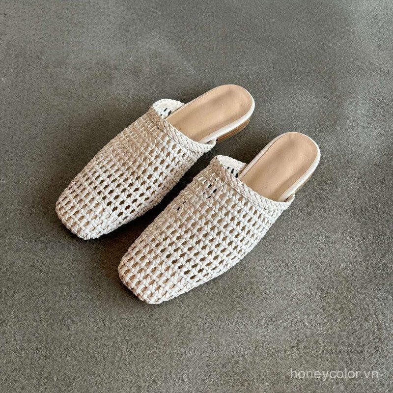 2026 Phong Cách Mới Dệt Rỗng Ra ClosedToe Mules Cho Nữ Mùa Hè FlatToed Dép Thời Trang
