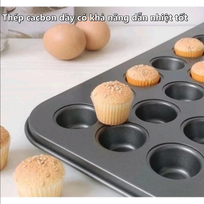Khuôn Nướng Bánh Cupcake 24 Lỗ - Thép Carbon Dày, Chống Dính Cao Cấp,  Dễ Vệ Sinh, Cho Gia Đình