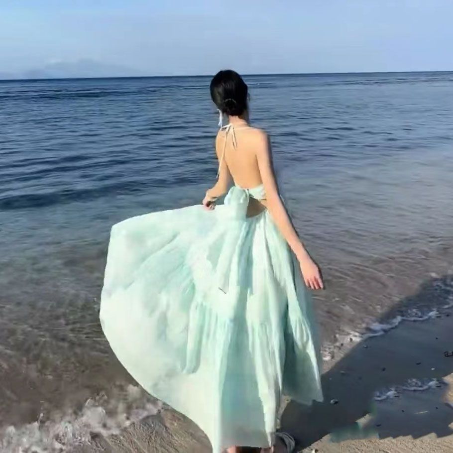 Váy dài phong cách cổ điển chữ V, gợi cảm theo xu hướng dopamine, phù hợp đi biển và kỳ nghỉ