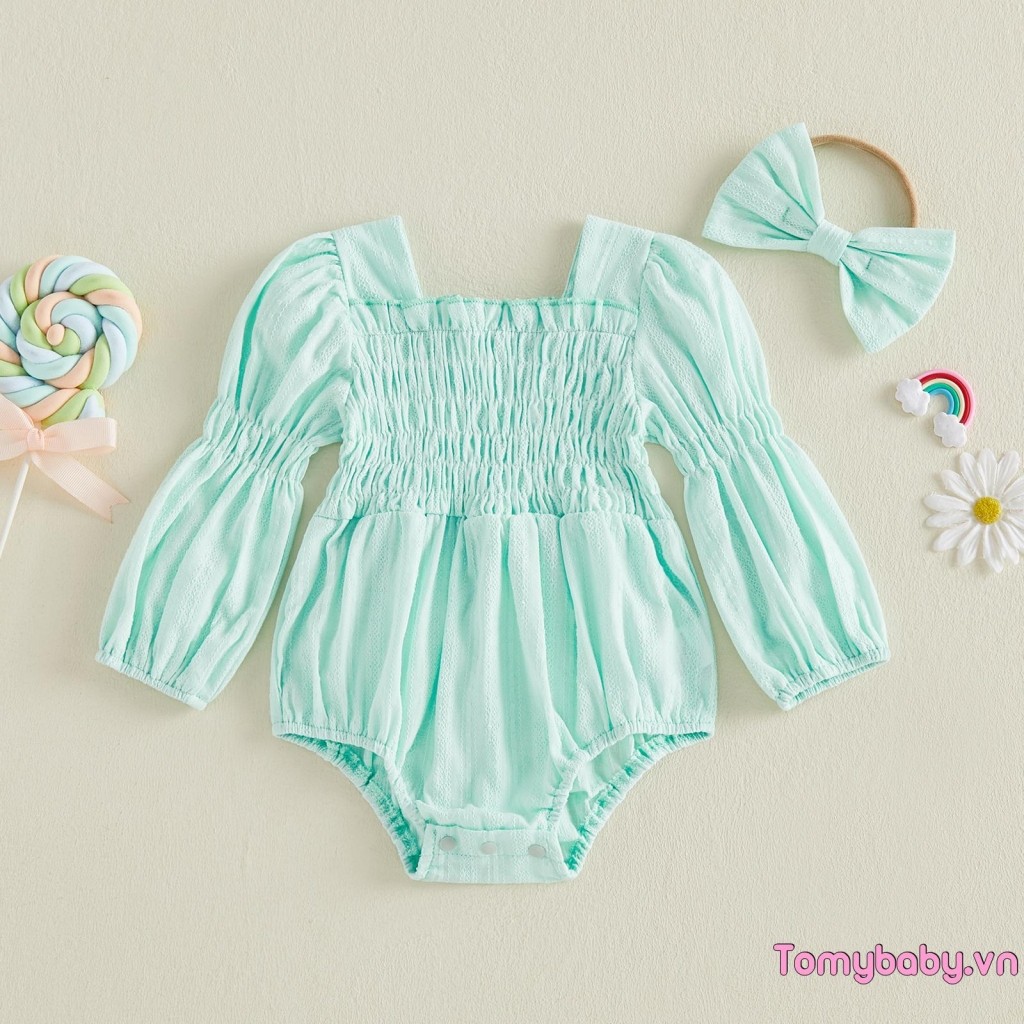 Bộ áo liền quần dài tay màu trơn cho bé gái với bộ băng đô