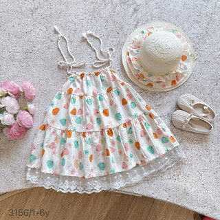 [8-24kg] Váy Hè 2 Dây Phối Ren Cho Bé Gái Đi Học, Đi Chơi, Đi Biển, Ở Nhà,.... (Tăng Nón)