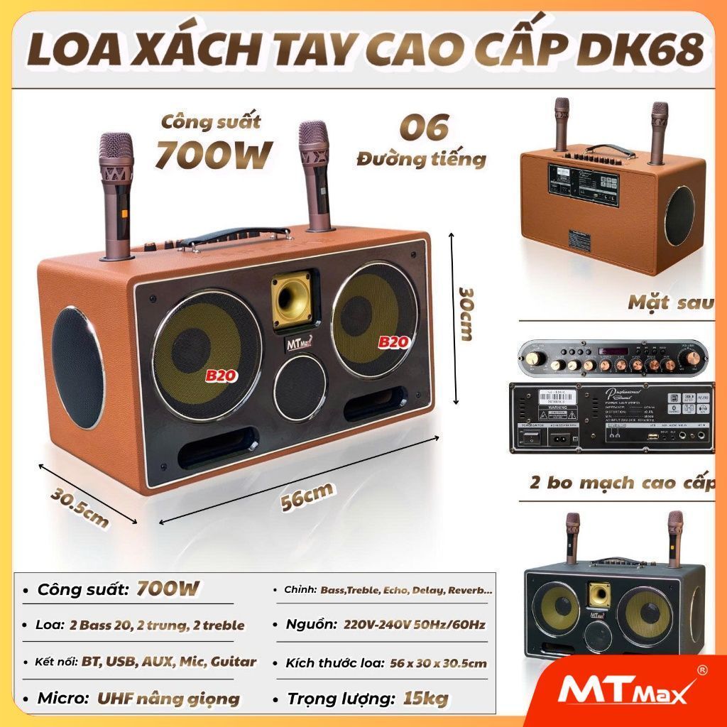 Loa Karaoke Xách Tay DK68 , 6 Đường Tiếng Micro UHF Xịn , 520w 2 Bass 20 Có Cổng GuiTar , Bh 12T