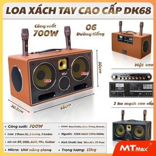 Loa Karaoke Xách Tay DK68 , 6 Đường Tiếng Micro UHF Xịn , 520w 2 Bass 20 Có Cổng GuiTar , Bh 12T