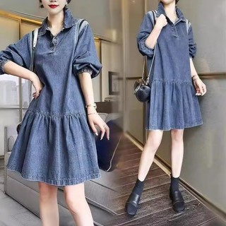 Đầm denim trẻ trung và thoải mái dành cho nữ, đầm dài tay thời trang cỡ lớn cho nữ mùa xuân/ thu mới.