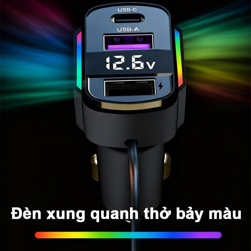 Tẩu sạc ô tô sạc nhanh 120W đa cổng 3in1 an toàn chống cháy dây cuốn gọn linh hoạt tương thích