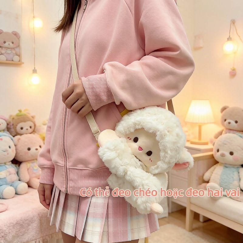 Túi đeo chéo hình cừu con chất liệu nhung mềm mại thiết kế 3D dễ thương đa năng đeo vai chéo cho