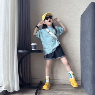 Bộ đồ bé gái áo thun rách + quần short jean - set Hàn Quốc cá tính thoáng mát mùa hè