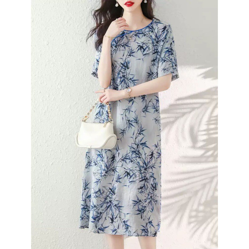 Váy mùa hè mới phong cách Trung Hoa, họa tiết tranh thủy mặc thanh lịch, dáng dài vừa phải, cổ điển, rộng rãi, tôn dáng