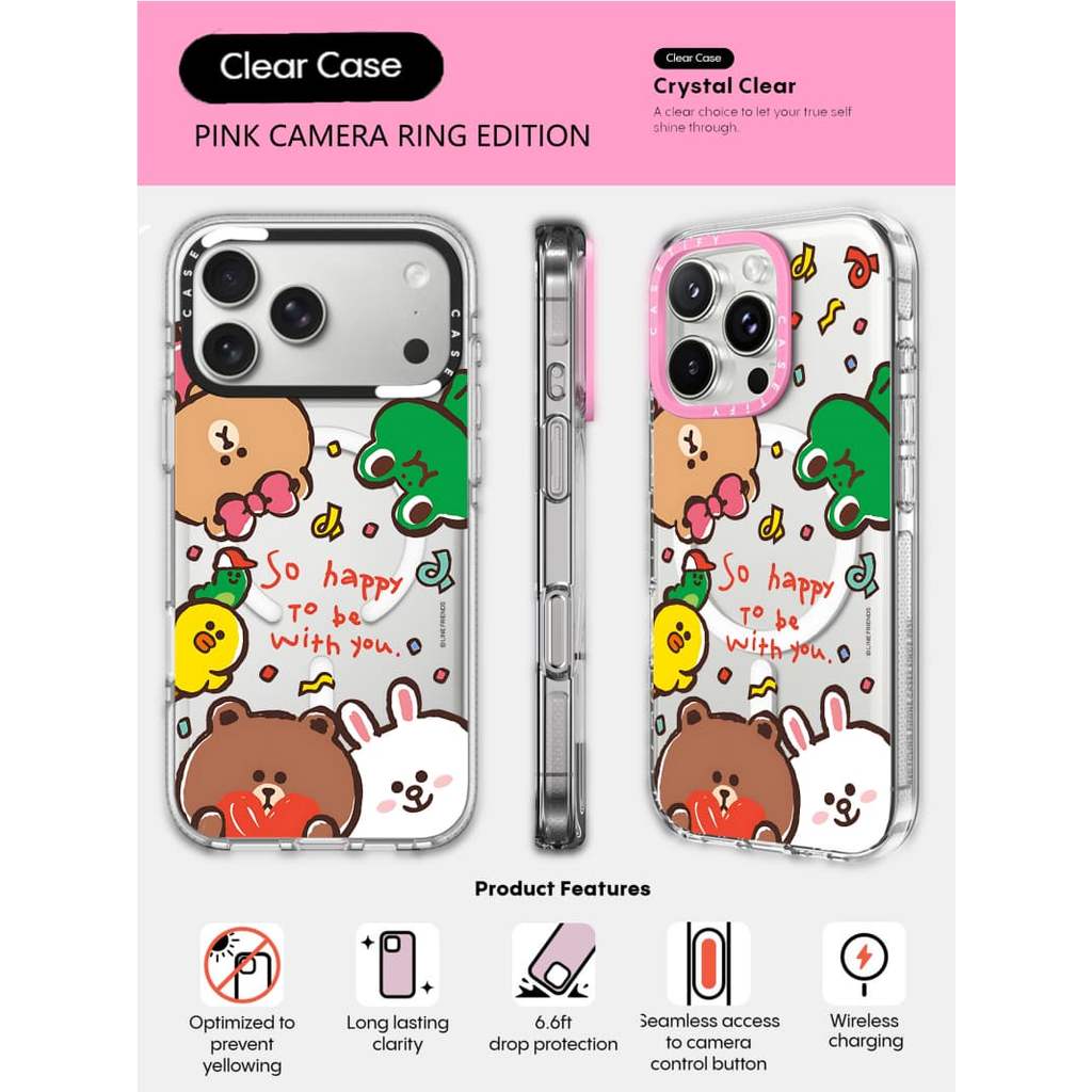 CASECASE X Gấu Nâu Đi Bộ Với Bạn Ốp Lưng Điện Thoại HỒNG CAMERA RING PHIÊN BẢN Tác Động Trong Suốt Hút Từ Tính Cho iPhone 17 / 16 / 15 / 14 / 13 Pro Max Air Với Bao Bì Cao Cấp