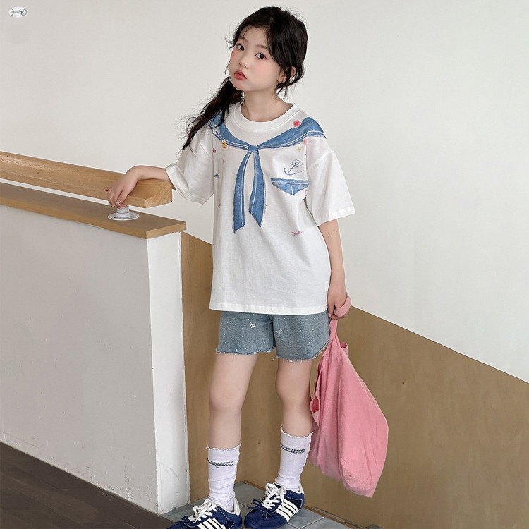 Áo thun ngắn tay phong cách hải quân bé gái mùa hè phong cách mới cho trẻ em in kỹ thuật số Áo thường ngày