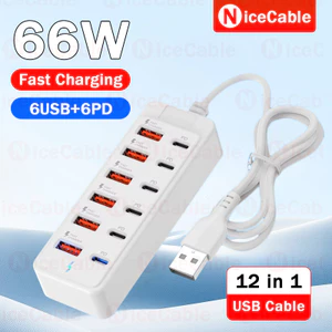 Bộ chia USB đa cổng 12 trong 1 Dải nguồn 66W 6USB + 6Type C Sạc nhanh USB HUB Adapter Ổ cắm cho điện thoại Văn phòng tại nhà