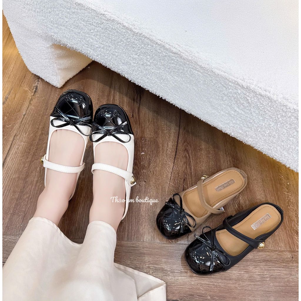 [Thảo Em - SB130] Sục bệt quai ngang dính nơ da bóng phối chần trám phong cách tiểu thư